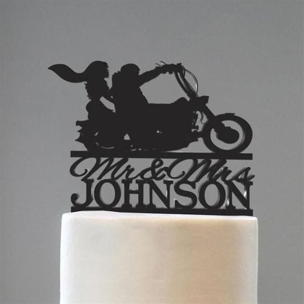 Décoration de gâteau Mr et Mme avec nom de famille, décoration de gâteau pour Couple avec mariage en moto, personnalisée 3019