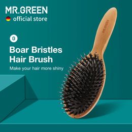 Mr. Green bristle hair brush natural beech comb hair brush used for curling thickening drying hair removal female massage brush 240429
