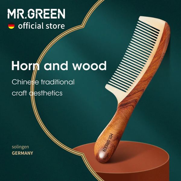 MR.GREEN Peigne en bois naturel avec structure d'épissage de corne Peigne à cheveux à dents fines Tête antistatique point d'acupuncture massage Cadeau 240314