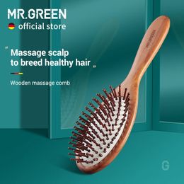 Mr. Green Hair Brush Natural Wood Graan Anti-statische hoek Verwijdering Borstel Haar Schaalhuid Massage Kam luchtkussenheren Styling Tool 240428