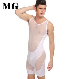 Mr Gun Moda Hombre Lencería sexy Body de malla transparente Body erótico de una pieza Camiseta de lucha libre Bondage Lingerie201k
