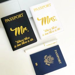 Mr Mme Pu Leather Bride Passport Covers Holder Luggage Tag Carte Protector for Case Organizer for Wedding Couples Travel