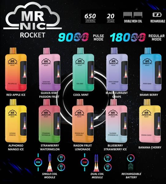 MR NIC ROCKET 18000 Puffs stylos vape jetables avec grand écran d'affichage numérique montre le décollage de la fusée lors du vapotage 20 ml