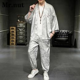 Mrnut Summer Ice Silk Dragon Jacquard Two Piece Set Set Style Chinese Men Silky Shirts Pants Tang Suit Cool Vacation Streetwear 240518