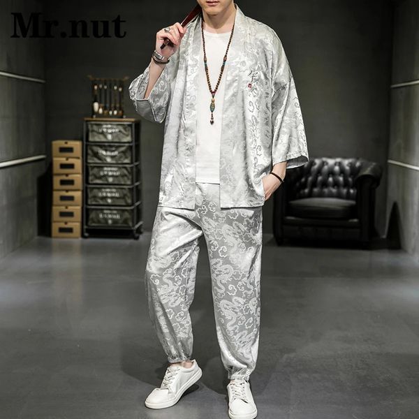 Mrnut d'été glace de soie dragon jacquard en deux pièces set de style chinois hommes chemises silky pantalon tang costume cool vacances streetwear 240412