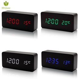 MROSAA Houten LED-wekker Temperatuur Elektronische Klok Geluiden Controle Digitale LED Display Desktop Kalender Tafelklok