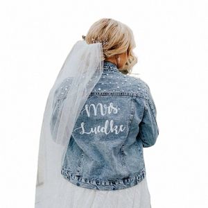 Veste en denim Mme avec perles / Veste Jean persalisée / Veste de mariée / Cadeau de mariage pour la mariée juste mariée e27Z #