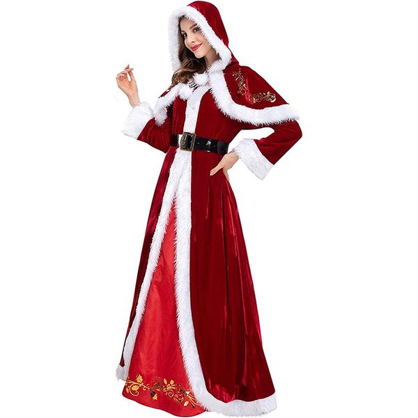 Disfraces temáticos de señora Santa Claus, vestido con capucha de terciopelo para mujer con cinturón, Vestido de manga larga para fiesta de vacaciones, ropa de Navidad