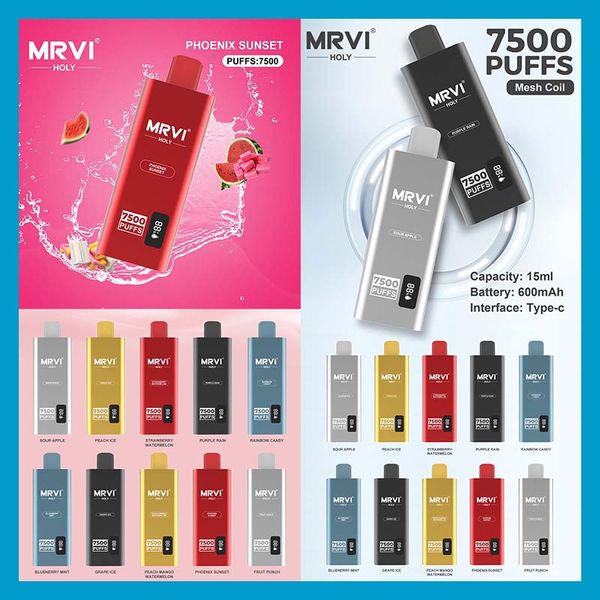 Mrvi Holy 7500 Puffs Jetable Vape Pen E Cigarette Dispositif Avec 600 mAh Batterie 15 ml Pod Pré-remplie Catridge rechargeable conception mince étanche