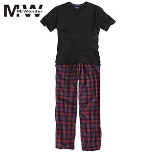 MRWonder Men's Pijamas Verano Manga Larga Desgaste de la casa Thin Cotton Plaid Pijamas Hombres Lounge Pijama Sets Plus Size Sleep Wear SAN0