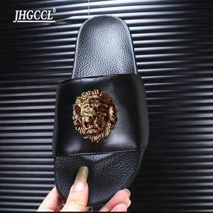 Mme Cowhide Slippers Golden Chinelos Slides Flip Flip Flip Casual Summer 2021 Brand Mens Sandales Handals Sandalias Playa Hombre Luxe Mend