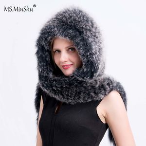MS.MinShu livraison directe véritable casquette de fourrure de renard avec écharpe tricoté à la main réel fourrure de renard châle chapeau mode hiver chapeau moelleux casquette