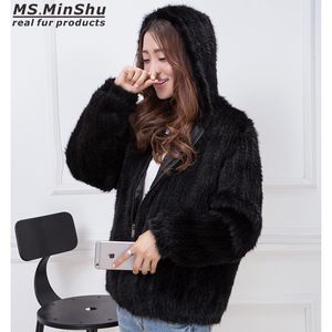 MS. MinShu – manteau de vison véritable tricoté à la main pour femme, veste d'hiver à capuche, 100% vraie fourrure, livraison gratuite