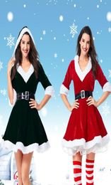 MS Santa Volwassen Dames Kerstkostuum Halve mouwen Capuchon V-hals Baljurk Aline Mini-jurk met Witte Fuzzy Trim Riemset Cosp9680516