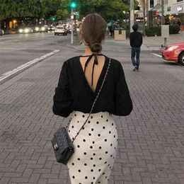 MS Zomer Zwart Lange Mouwen Shirt Design Gevoel Kleine Sexy Backless Jas Losse Render Onderdelement Hoogste kledingstuk 210423