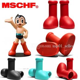 MSCHF Astro Boy Big Red Boots Chaussures Bottes de pluie pour femme Homme dans la vraie vie Solide bout rond Plat EVA Caoutchouc Botte de pluie Fond épais Bottillons antidérapants Plate-forme Bootie