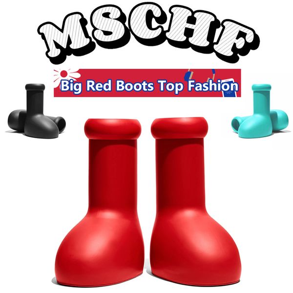 MSCHF Astro Boy Hombres Mujeres Campus de vacaciones cumpleaños accesorios de cosplay Botas de lluvia Diseñadores bota roja grande Botines antideslizantes de fondo grueso Botines de plataforma de goma Zapatos de moda