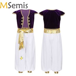 Msemis Kids Boys Fancy Arabian Prince Costumes Cap Sleeves Vest met broek voor Halloween Cosplay Fairy Parties Verkleed Q0910