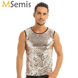 MSEMIS Mens Glitter Sequins Fashion Fashion Chaleco de verano Slim Muscle Tops Hip Hop Clubwear Stage Rave Rave 240507
