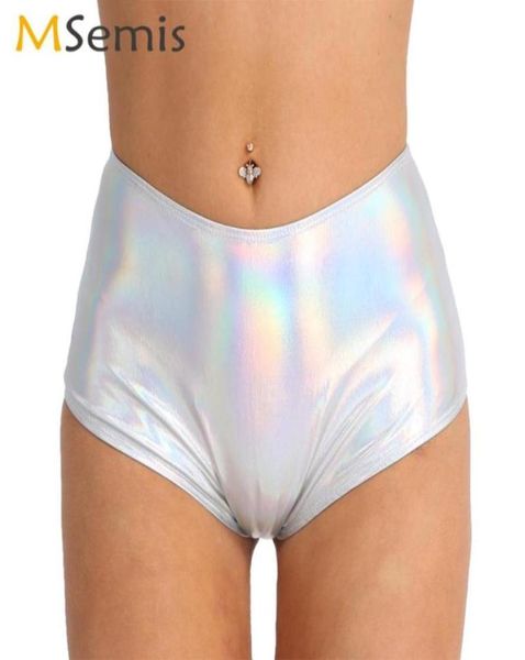 MSemis Femmes Party Rave Brillant Métallique Booty Shorts Sexy Taille Haute Dos Fermeture Éclair En Cuir Panty Pole Dance Holographique Mini Women02316590