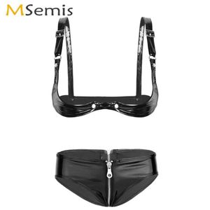 Msemis Conjunto de ropa interior de cuero con aspecto mojado para mujer, sujetador erótico con estante abierto con cremallera, calzoncillos sexys para baile en barra, bikinis rave, lencería B295x