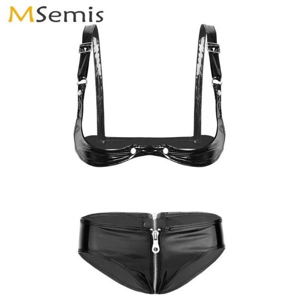 Msemis Femmes Wet Look Ensemble de sous-vêtements en cuir Érotique Soutien-gorge à étagère ouverte avec fermeture éclair Booty Briefs Sexy Pole Dance Rave Bikinis Lingerie B247i