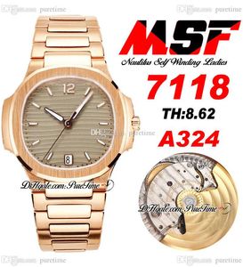 MSF 7118 A324 Automatische dames Watch Rose Gold Gray Gray Getextureerde wijzerplaat roestvrijstalen armband super editie horloges Puretime E5