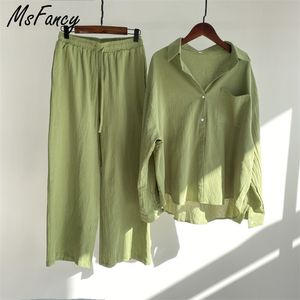 MSFancy herfst broek sets vrouwen katoen lange mouw losse shirt elastische taille brede beenbroek vrouwelijke casual 2 stuks sets 211007