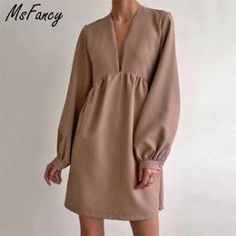 Msfancy Noir À Manches Longues Dres Élégant Col En V Profond Tunique Robe De Mujer Mode Coréenne Lanterne Manches Robe De Soirée 211221