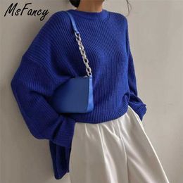 MSFancy Fall Sweater Koreaanse Mode Blauw O-hals Gebreide Oversized Pullovers Lange Mouw Casual Tops 211215