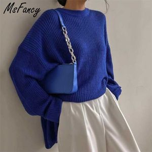Msfancy Automne Chandails Femmes Mode Coréenne Bleu O-cou Tricoté Surdimensionné Pulls À Manches Longues Casual Tops 211218