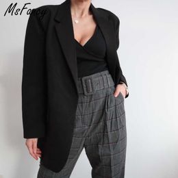Msfancy Fashion Black Blazer Costumes Femmes Plus Taille Tailleur Femme Bouton unique surdimensionné Veste décontractée 210604