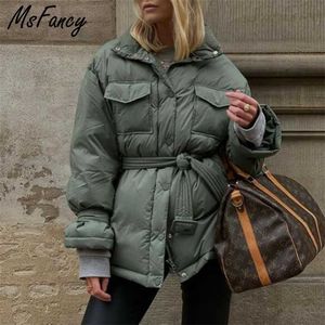 Msfancy Vert Manteau Matelassé Femmes Hiver Mode Col Montant Tunique Bandage Veste Mujer Vintage Poches Chaud Parkas Outwear 211223