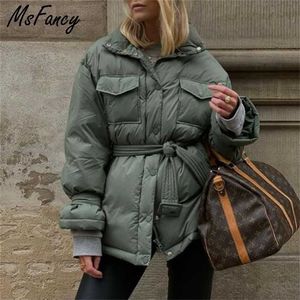 MSFANCY GREEN GEWICHTEN Coat Dames Winter Fashion Stand Collar Tunic Bandage Jas