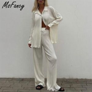 Msfancy Pantalon Costumes Femmes Blanc Chemise À Manches Longues Taille Élastique Pantalon À Jambes Larges Pyjamas Mujer 2 Pièces Ensemble Tenue Décontractée 211007