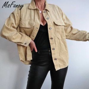 Msfancy printemps jaune jeste en velours côtelé femelles de poche de poche lâche manteau décontracté harajuku mujer chaqueta vintage décontracté veste 210604