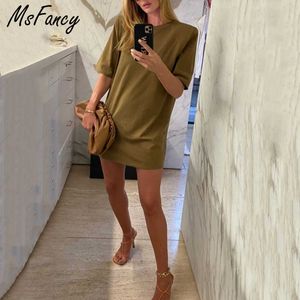 Msfancy D'été Coton À Manches Courtes Robe Femmes Vintage Drop-épaule Lâche Mini Robes De Mujer Casual Robes 210604