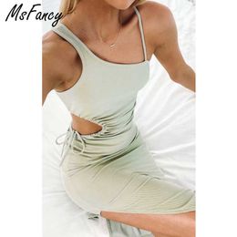 Msfancy Summer Green Bodycon Dress Mujeres Inclined Shoulder Knitted Vestido De Mujer Hollow Out Draw String Sexy Robes 210604