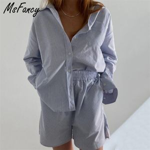 MSFI'S Zomer Korte Set Lange Mouw Shirt Pyjama Blauw Gestreepte Hoge Taille Shorts Mujer Tweedelige Set 210714