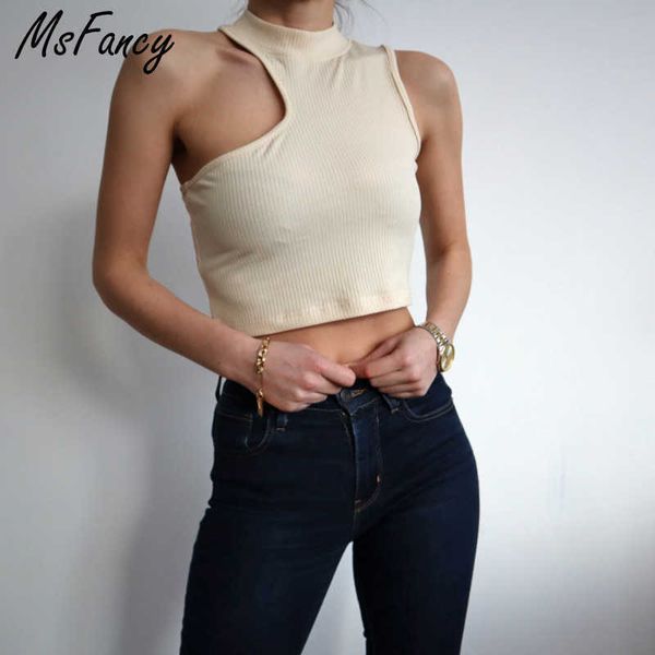 Msfancy Summer Débardeur Femmes Brown Turtleneck Côtelé Tricoté Crop Tops Mujer Off Épaule Sans Manches Chemise Noire 210604