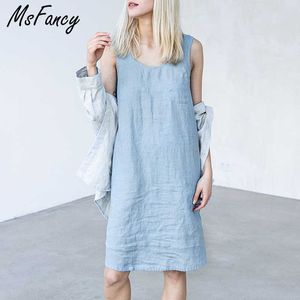 Msfancy Summer Vest Dress Mujeres Boho Cotton Vestido De Mujer Sin mangas Pocket Plus Size Casual Femme Robes 210604