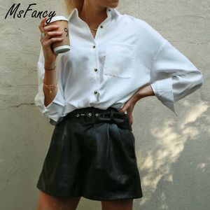 MSFIANCE WHITE OVERSORATIONE SHIRT Dames Lange mouw Blouse Dames Pocket Plus Size Blusas Mujer KT8868 210604