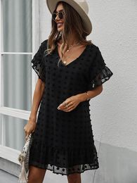 MSFILIA SEXY V NEK Korte jurk vrouwen solide haarbal zwarte jurken voor laddies lente zomervakantie stijl 240415