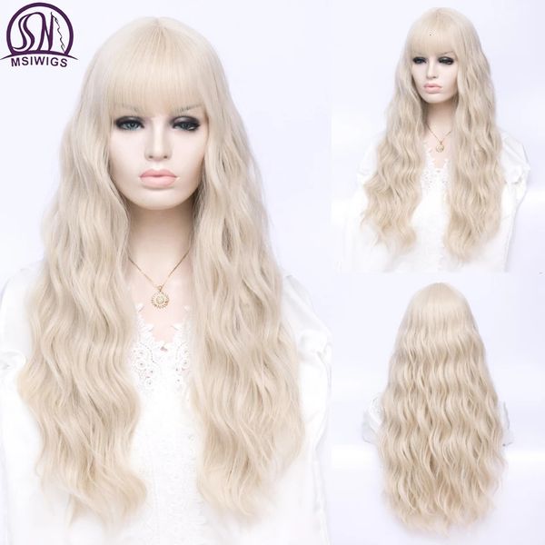 MSIWIGS – perruque synthétique longue ondulée Blonde avec frange pour femmes, cheveux gris rose, Cosplay fille résistante à la chaleur 240110