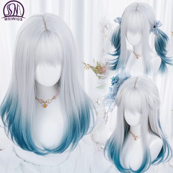 MSIWIGS – perruque synthétique Lolita pour femmes, cheveux longs et lisses ombrés, deux tons, gris argenté, bleu, pour Cosplay, avec frange, 240305