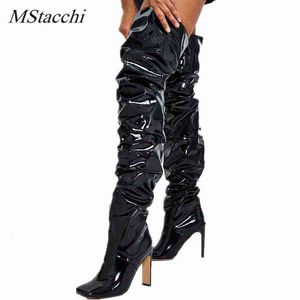 MStacchi Classics Over-Knee Botas vrouwelijke pluche in zwart vierkant teen dikke hiel geplooid comfortabele schoenen winter dij hoge laars 220729