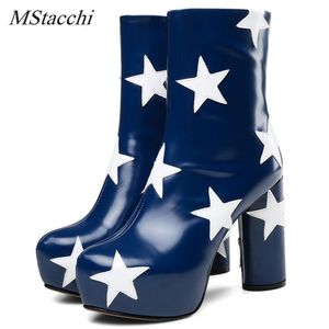 Mstacchi nouvelles femmes plate-forme bottines mode ronde talons hauts bottes de haute qualité en cuir véritable dames bottes grande taille 42 201031