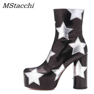 MStacchi plate-forme bottines pour femmes luxe impression étoile vraiment cuir talons hauts chaussures femme ronde Botines Mujer 2022 220729