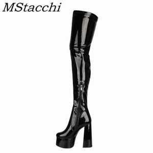 Mstacchi femmes cuissardes bottes scintillantes en cuir verni plate-forme Sexy couleur unie talons chaussures femmes 220729