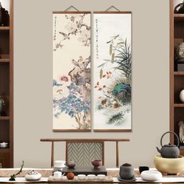 MT0971 Chinese stijl bloem vogel rijst canvas decoratieve muur kunst posters massieve houten scroll schilderijen